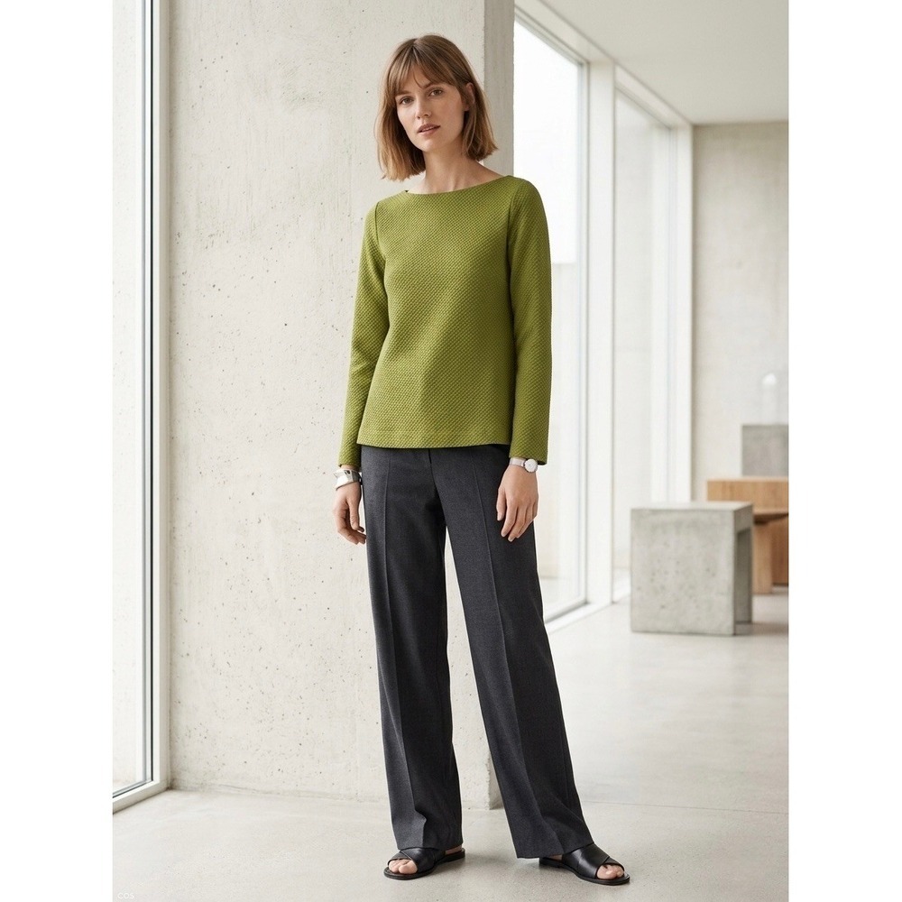 COS Olive Green Textured Waffle Knit Boat Neck Long Sleeve Top Womens Size S